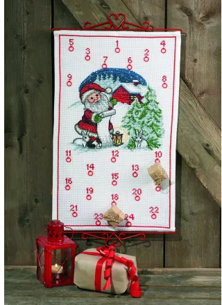 Permin Stickset Weihnachtskalender - Weihnachtsmann und Kaninchen 38 x 62 cm